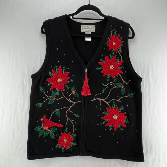 Sarah Bentley Sweaters - Sarah Bentley VTG Christmas Sweater Vest Sz L Poinsettia Beaded Tassel Black Red